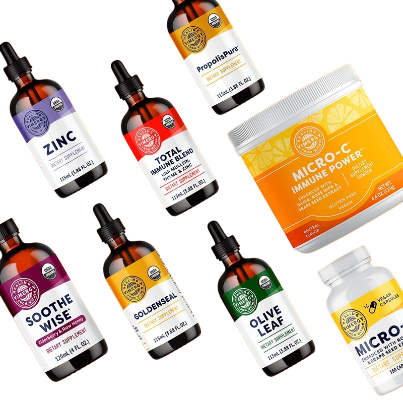 A selection of Vimergy supplement bottles and powders